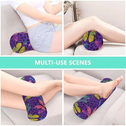 Bolster Pillow Neck Pillow Round Soft Health Memory Foam Pillows Long Cylindrical Body Pillow with Removable Cover Cute Back Yoga Colorful Butterflies and Purple Leopard Print 17" x 5.5" - color: Colorful Butterflies and Purple Leopard Print