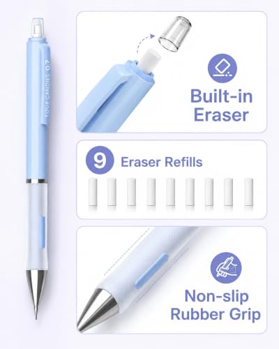 Four Candies 0.7mm Pastel Mechanical Pencil Set with Case, 3-Pack | 360 Leads, 3 Erasers+9 Refills, Cute Pink/Purple/Blue Barrels, Non-Slip Grip, for School Notes & Everyday Writing - style: 0.7mm