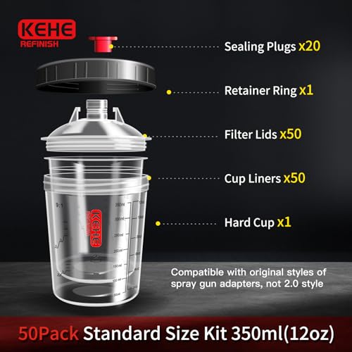 Disposable Paint Cups for Spray Gun,Mixing Cups 12 Ounce (350ml) Kit with 50 Liners and Lids with Strainer System for HVLP&LVLP,2 Hard Cups with Retainer Ring,20 Plugs,3 Caps,2 Adapters,1 Wash Bottle - size: 12 oz (Small)-50Pack