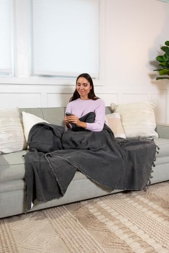 InfuseZen Stonewashed Turkish Organic Cotton Couch Throw Blanket - Charcoal - color: Large Charcoal (80" X 48")