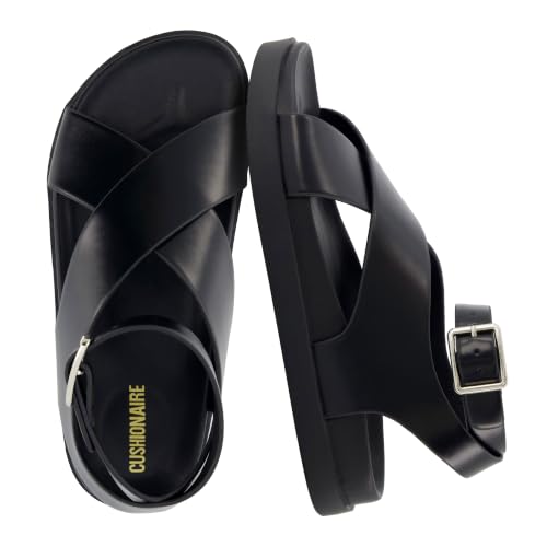 CUSHIONAIRE Emoji Platform Sandal for Women | Vegan Leather Crisscross Straps & Adjustable Ankle Buckle | Comfortable Walking Sandals | Slip-On Sandals for Women | Wide Width Available - color: Smooth Black, size: 6.5