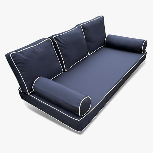 Outdoor Daybed Cushion Cover Twin,Daybed Mattress Bolster Pillow Fitted Sheet Cover,Twin Size Outdoor Daybed Cushion Cover（Cover ONLY Size 6" D x 75" W x 39" H, Dark Blue with White Trim - color: Dark Blue With White Trim