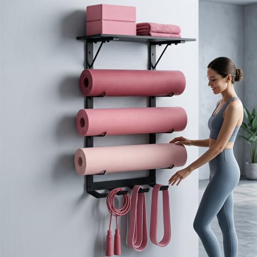 Arrozon 벽걸이 체육관 보관 랙, 요가 매트 홀더 및 체육관 벽 오거나이저, FlexHook 탈착식 후크, 저항 밴드 줄넘기 웨이트 벨트 보관, 모든 하드웨어 포함, 홈 차고 체육관