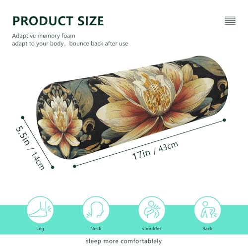 Boho Water Lily Flower Black Neck Roll Pillow Bolster Round Health Memory Foam Long Cervical Cylinder Pillows with Removable Washable Cover for Body Bed Legs Back Yoga - color: Boho Water Lily Flower Black