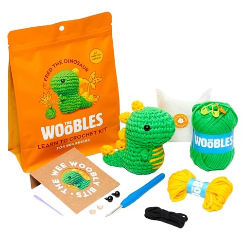 The Woobles Crochet Kit for Beginners (Fred the Dinosaur) | As seen on Shark Tank, Kit includes: Easy Peasy Yarn, pre-started piece, hook, safety eyes, stuffing, video tutorials - color: Fred The Dinosaur
