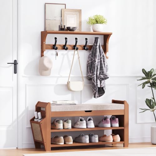 PETKABOO 31.5" Bamboo Shoe Rack Bench with Coat Rack, 3-Tier Entryway Bench with Thick Cushion, Flip-Top & Side Baskets, Holds Up to 550 LBS for Hallway, Living Room, Bedroom - color: 31.5" with Hook