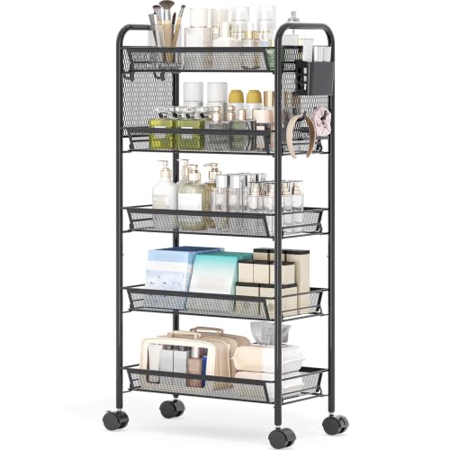 KINGRACK 5 Tier Rolling Cart, Metal Utility Storage Cart with Pegboard | Screwless Assembly, Lockable Wheels, 4 Hooks & 1 Bin, Mobile Organizer for Bathroom Kitchen Office Craft Room Laundry, Black - color: Black, size: 5-Tier