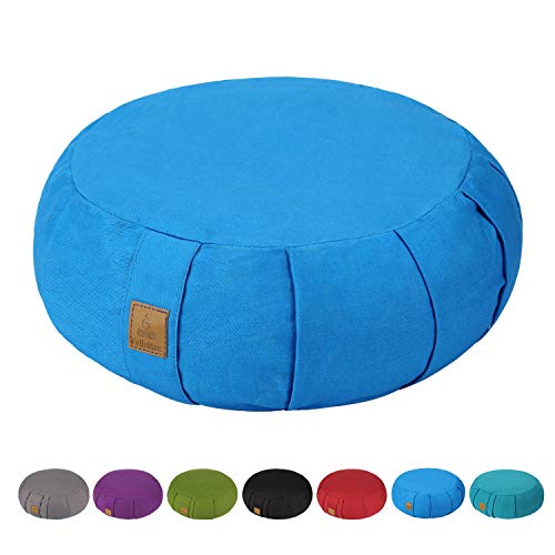 Round Zafu Meditation Cushion, D=15" H=5.5" Zabuton Meditation Pillow, Yoga Bolster/Pillow, Floor seat, Zippered Organic Cotton Cover, Natural Buckwheat, Kneeling Pillow - color: Sky Blue
