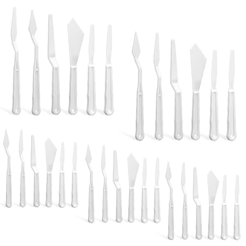 30 Pcs Paint Spatula Tools Plastic Painting Palette Knives White Art Artist Knife Tools Thin and Flexible Art Pallet Knife Palette Knife Set for Oil Acrylic Painting Color Mixing