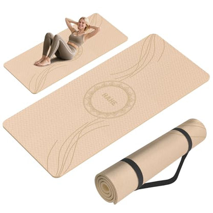Large Yoga Mat Thick, 76"x32"x0.31"Wide POE Exercise Mat with Non-Slip Surface & Carry Strap, Anti-Tear Workout Mat for Yoga, Pilates, Fitness - color: Coffee Cream