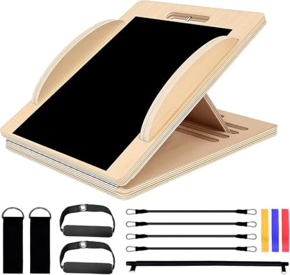 Versatile Wooden Slant Board, Convertible to Balance & Pilates Board, Adjustable Angles, Includes Full Pilates Kit, Supports Up to 360lbs, Calf Stretch, Squats, Knee, Ankle, Heel & Leg Training
