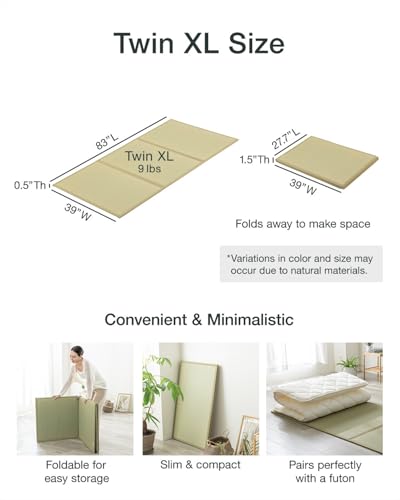 FULI Japanese Tatami Mattress, Foldable Igusa Rush Grass, Natural, Twin XL | Tatami Rug, Japanese Floor Mattress Mat, Made in Japan, 0.5 in thick, firm woven surface, tri-fold design - size: Twin XL (83"L x 39"W x 0.5"Th), style: Foldable Mat
