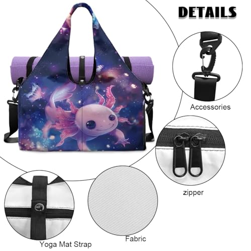 Gym Bag with Yoga Mat Holder Large Tote Bag With Multi Pockets for Women Men Dry Wet Separated Pocket Carryall Yoga Tote Bag for Pilates Travel Workout Office - color: Galaxy Axolotl