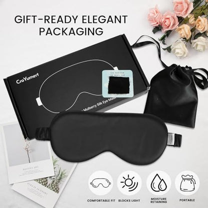 100% Pure Mulberry Silk Eye Mask - 22 Momme Adjustable Strap, Light Blocking, Silk Storage Bag & Gift Box - for Sleep/Travel/Gift, Sensitive Skin Friendly (Black)