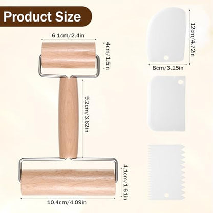 JJUNW 1 Pc Small Rolling Pin, Wooden Pizza Dough Roller Rolling Pin Clay Texture Roller, Baking Double-Ended Rollings Pins With 3 Scrapers For Cookies, Pie, Bread Dough Kitchen Tool