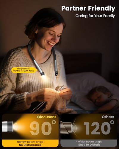 Glocusent Neck Light with Timer, 100 Hours Book Light for Bedtime Reading | Neck Reading Light, 3-Color, 5 Brightness, Bendable, Ergonomic, 1600mAh, Rechargeable, Eye Care, Sleep Aid, Travel Lock, Gift - color: Gray
