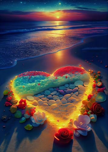 KINPLUB Heart Beach Diamond Painting Kits for Adults, 5D Sunset Diamond Art Kits for Beginners, DIY Full Drill Seaside Paint with Round Diamond Dots, Home Wall Decor 12 x 16 Inch - color: Beach Love
