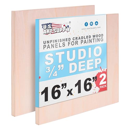 U.S. Art Supply 16" x 16" Unfinished Cradled Wood Panels for Painting, Studio 3/4" Deep (2 Pack) - Artist Depth Birch Wooden Wall Canvases - Mixed-Media Craft, Acrylic, Oil, Encaustic, Paint Pouring - size: 16" x 16", style: Square