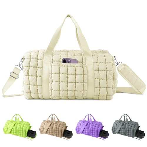 Quilted Travel Duffle Bag Gym Bag for Women,Large Puffer Duffle Weekender Bag with Compartment,Workout Overnight Carry on Organizer Bag Duffle Bag for Airplane Travel(L-Off-white) - color: Off-white, size: Large