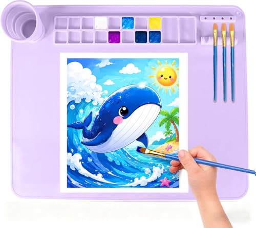 Silicone Painting Mat, 20"X16" Craft Mat,Large Art Mat Clay Mats | Paintbrush Holder, Nonslip Color Dividers Silicone Mats with Built in Cup for Painting, Table, Resin and DIY Purple - color: Purple