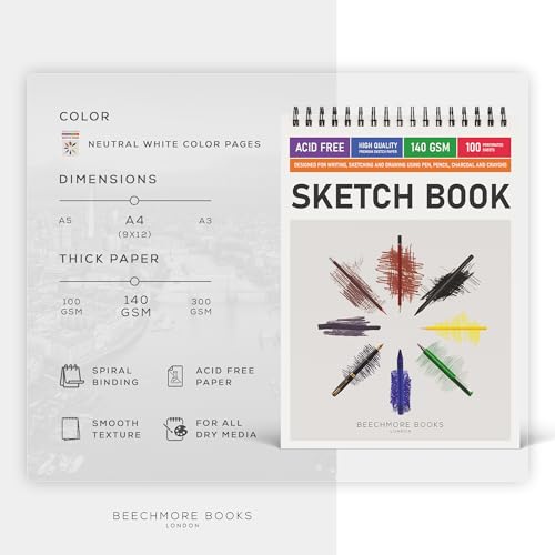 BEECHMORE BOOKS A4-9"x12" & A5-5.6"x8.5" Spiral Sketchbook - 100 Perforated Sheets 140 GSM Acid-Free White Paper, Professional Artist Sketch Pad, Art Supplies for Adults Students Drawing Notebook