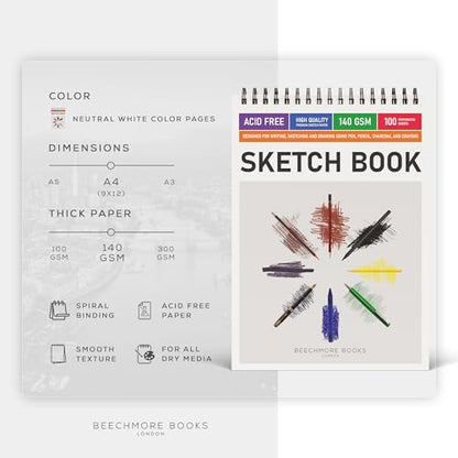 BEECHMORE BOOKS A4-9"x12" & A5-5.6"x8.5" Spiral Sketchbook - 100 Perforated Sheets 140 GSM Acid-Free White Paper, Professional Artist Sketch Pad, Art Supplies for Adults Students Drawing Notebook
