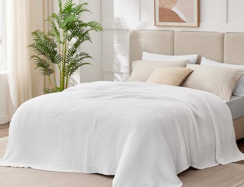 100% Cotton Muslin Blanket Queen 90" x 90", 6 Layers Breathable and Lightweight Cotton Throw Blanket for Bed, Soft Quilt Bedspread Coverlet, Gauze Blanket for Adults All Season, White - color: 02 - White, size: Queen(90" X 90")