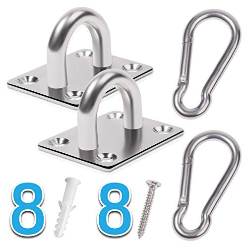 Premium M8 Heavy-Duty Stainless Steel Pad Eye Snap Hook, Ceiling Hook, 4PCS | 2PCS Eye Hooks + 2PCS Snap Hooks, Hanging Kit with Screws for Hammock Chair Swing, Yoga, Gym, Sun Shade Sail, Plant Hangers