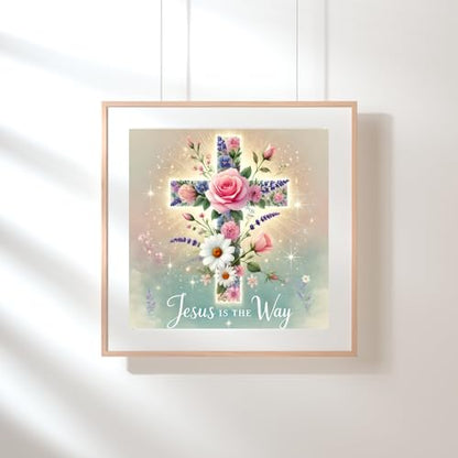 Modern Merch Jesus Diamond Art for Adults Flower Cross Christian 5D Diamond Painting Kit for Adults, DIY Jesus Wall Art Cross Stitch Kits Gem Art, Round Drill 12x12 Religious Gifts for Women - color: Cross Flower