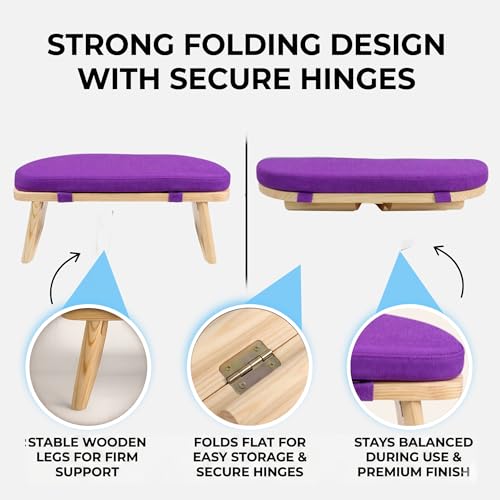 Yogikuti Folding Meditation Bench, Purple | Removable Cushion, Wooden Seiza Kneeling Stool, Ergonomic Meditation Seat, for Home & Yoga Studio, Comfortable Posture (Purple) - color: Purple