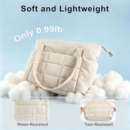 U+U Puffer Tote Bag for Women, Quilted Work Tote with Compartments | Work-to-Travel Design with Yoga Mat Strap - color: Cream
