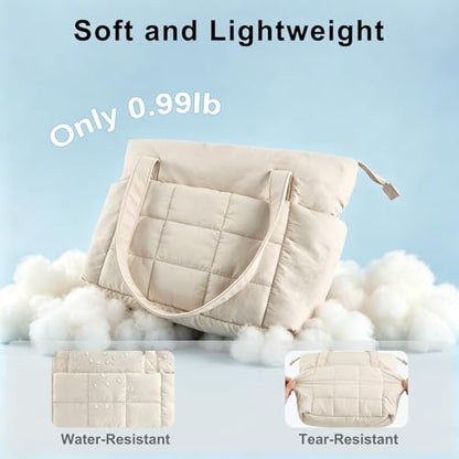 U+U Puffer Tote Bag for Women, Quilted Work Tote with Compartments | Work-to-Travel Design with Yoga Mat Strap - color: Cream