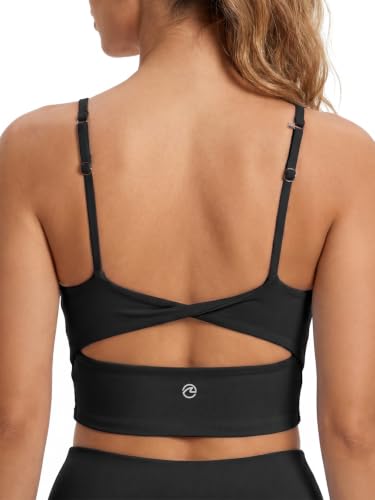Aoysky Womens Strappy Sports Bra Adjustable Cross Back Longline Crop Top | Buttery soft fabric, Removable padded cups, Convertible straight/cross back, U-neck longline, Yoga gym pilates daily wear - color: Pure Black, size: XX-Large
