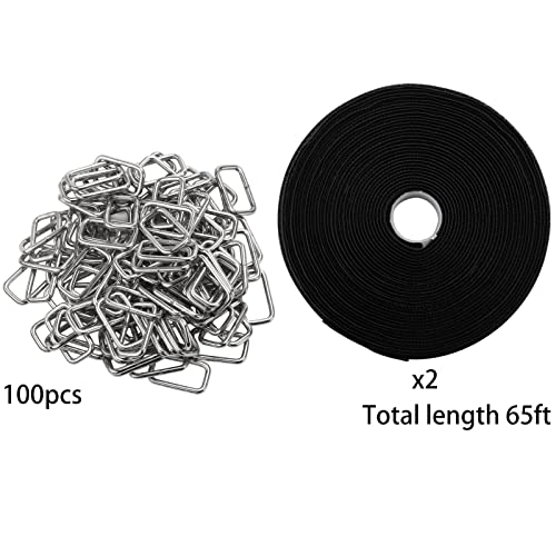 65 Ft x 3/4 Inch Hook and Loop Straps with 100 Metal Buckles, Nylon Fastening Cable Ties Adjustable Cinch Strap, Cut-to-Length, Black