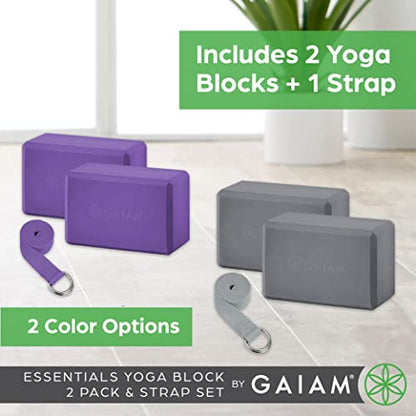 Gaiam Yoga Block - Supportive Latex-Free Eva Foam - Soft Non-Slip Surface with Beveled Edges for Yoga, Pilates, Meditation - color: Deep Pueple, style: 2 Blocks W/Strap