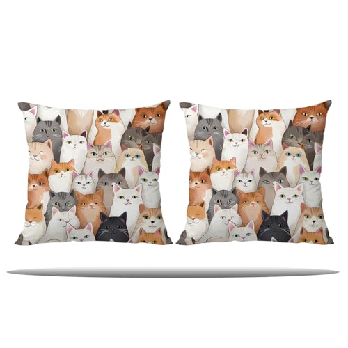 Cat Throw Pillow Covers 18x18 inches Set of 2, Ultra Soft Flannel Decorative Cushion Covers for Couch, Modern Artistic Cat Pattern Pillowcases for Sofa Living Room Bedroom, Cat Lovers Gift - color: 01-white-166