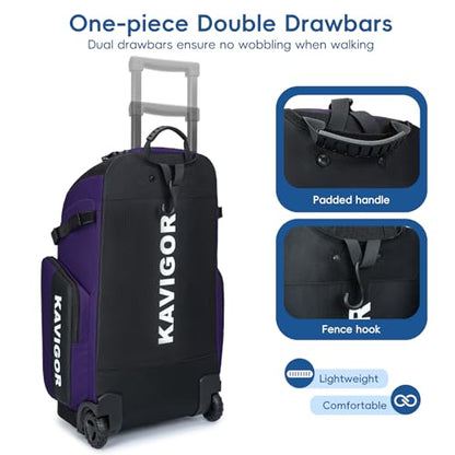 KAVIGOR Rolling Baseball Bag with Wheels, 60L Capacity Softball Bag Holds 4 Bats for Boys and Girls, Youth Equipment Bag with Shoe Compartment - color: Purple