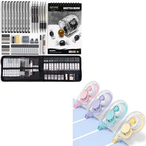 Four Candies 52pcs Art Supplies Sketching & Drawing Kit with 12 Micron Fineliner Pens, 6 Drafting Mechanical Pencils,3-Color Sketchbook,27 Lead Refills+ Correction Tape