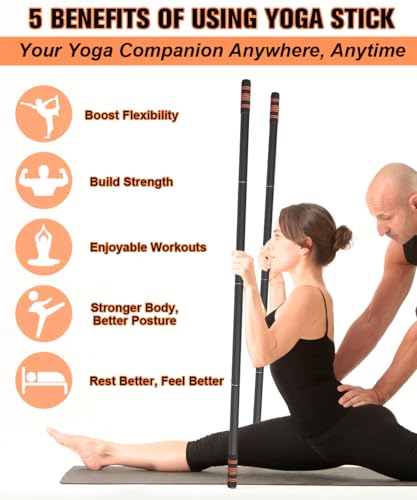 Queension 5ft Yoga Stick Adjustable Stretching Bar for Mobility & Balance | Heavy-Duty Steel Multi-Functional Fitness Pole with 4 Steel Rods & Comfort Foam Grips - color: Black