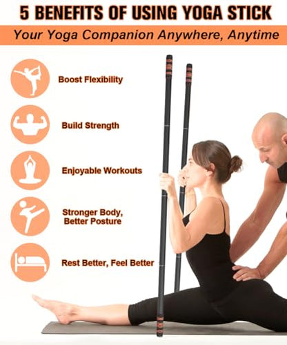 Queension 5ft Yoga Stick Adjustable Stretching Bar for Mobility & Balance | Heavy-Duty Steel Multi-Functional Fitness Pole with 4 Steel Rods & Comfort Foam Grips - color: Black