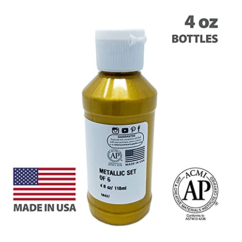 milo Metallic Acrylic Paint Set, 6 Metallic Colors, 4 oz Bottles | Safe and AP Non-Toxic, Made in the USA, Arts & Crafts Paints for Artists, Student & Hobby Painters, Paint Pack, Multi-Media - style: Metallic Set 6 x 4 oz