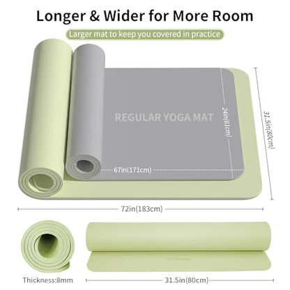 Extra Wide & Thick 8mm Yoga Mat, 72"x31.5" | Large Non Slip Exercise Mat, Premium POE Material, Superior Cushioning & Stability, With Strap for Home Gym, Pilates - color: Grass Green