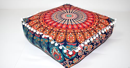 INDIAN CRAFT CASTLE ICC Mandala Barmeri Large Floor Pillow Cover Cushion Meditation Seating Ottoman Throw Cover Hippie Decorative Zipped Bohemian Pouf Ottoman Cases Orange Peacock, 18" Square - color: Orange, size: 18"D x 18"W x 5"H