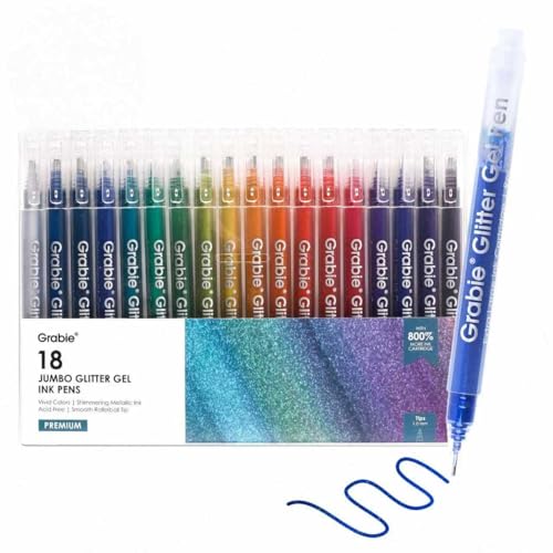 Grabie Set of 18 Color Jumbo Glitter Gel Pens, Metallic Sparkling | Extra Long Writing Life, Rich Glitter Effects, Smooth Ink Flow, Comfortable Grip, Creative Projects, Journaling - color: 18 Colors Jumbo Glitter Gel Ink Pens