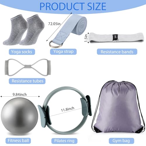 Poen Pilates Equipment Kit for Home Workout Pilates Ring and Ball Set for Women 12'' Circle Yoga Fitness Essentials Kit with Resistance Bands, Yoga Strap, Socks,Bag - color: Black,Gray