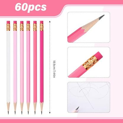TecUnite 60 Pcs HB Pencils #2 Unsharpened Wood Cased Pencils with Eraser Hexagonal Pencil Cute Graphite No 2 Pen for Adults Gifts Exam School Office Sketching Learning(Pink Series, White) - color: Pink Series, White