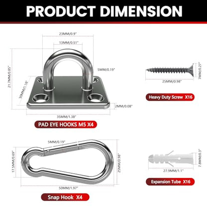sprookber 304 Stainless Steel Pad Eye Snap Hook, M5 Ceiling Hook 500Lb,8Pcs | Hanging Kit with Screws for Hammock Chair Swing, Yoga Gym Equipment, Sun Shade Sail, Plant Hangers & Marine Boat Hardware - size: 2 Inch, style: Square