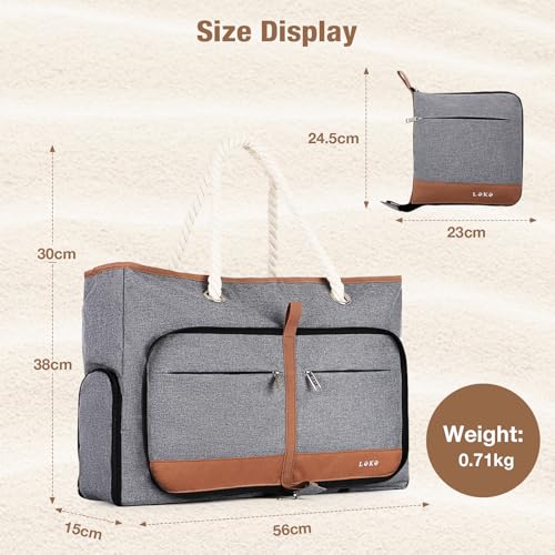 Beach Bag for Women - 35L Large Tote Bag, Waterproof & Sandproof, Zippered Carry On Bag for Pool, Beach & Travel - color: Grey