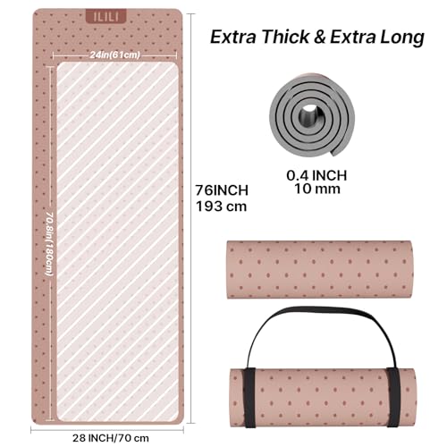 ILILI Suede TPE Yoga Mat, 10mm Thick, 76" x 28" Extra Long with Strap - color: Pinky Beige