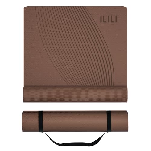 ILILI Exercise Mat 72''x25''×0.3''(8MM) | Compact Eco Friendly TPE Yoga Mat for Pilates & Fitness, Tear Resistant with Carry Strap for Home Gym Studio Stretching - color: brown